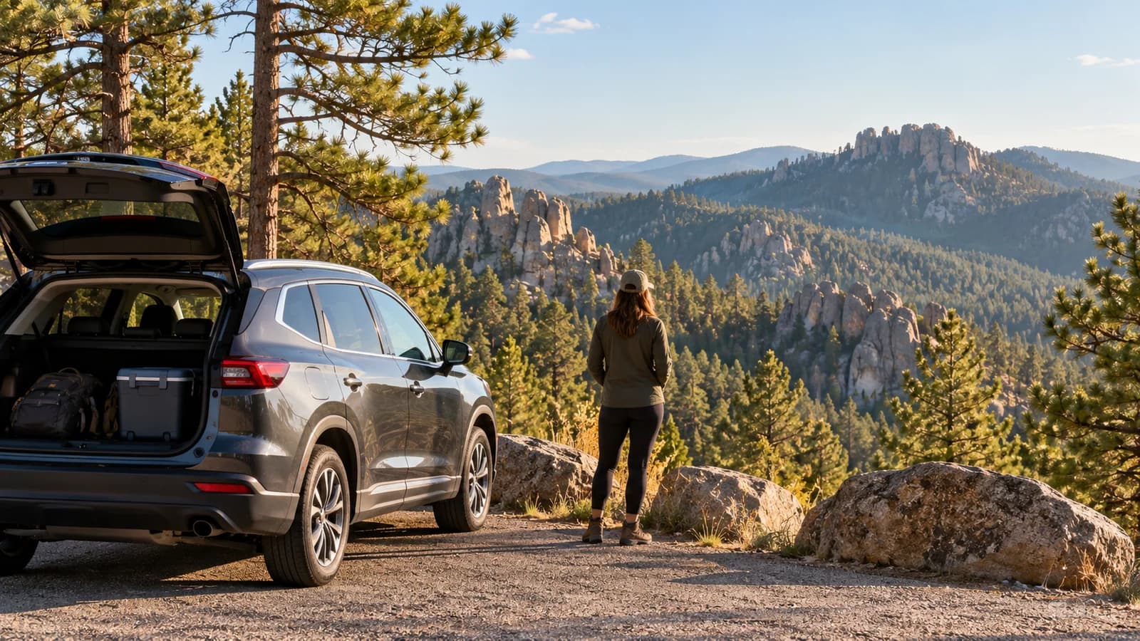 Illustration of an unbranded rental car in a Black Hills landscape near Rapid City.
