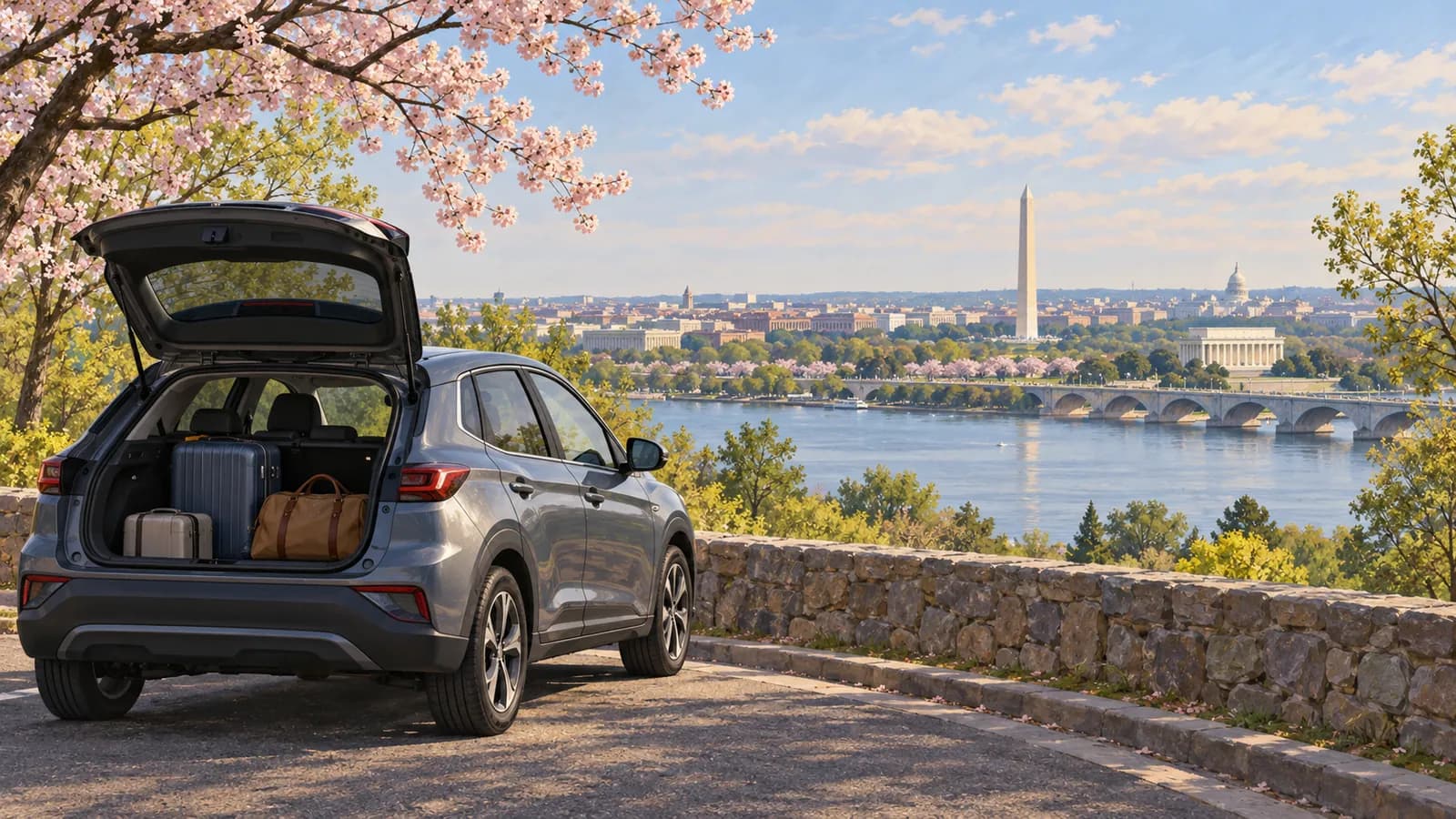 Reagan National car rental illustration showing an unbranded car above the Potomac River with Washington across the water.