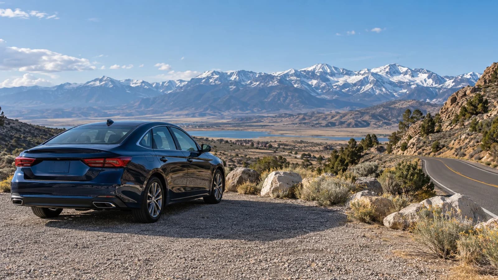 Illustration of an unbranded rental car in a Sierra Nevada landscape near Reno.