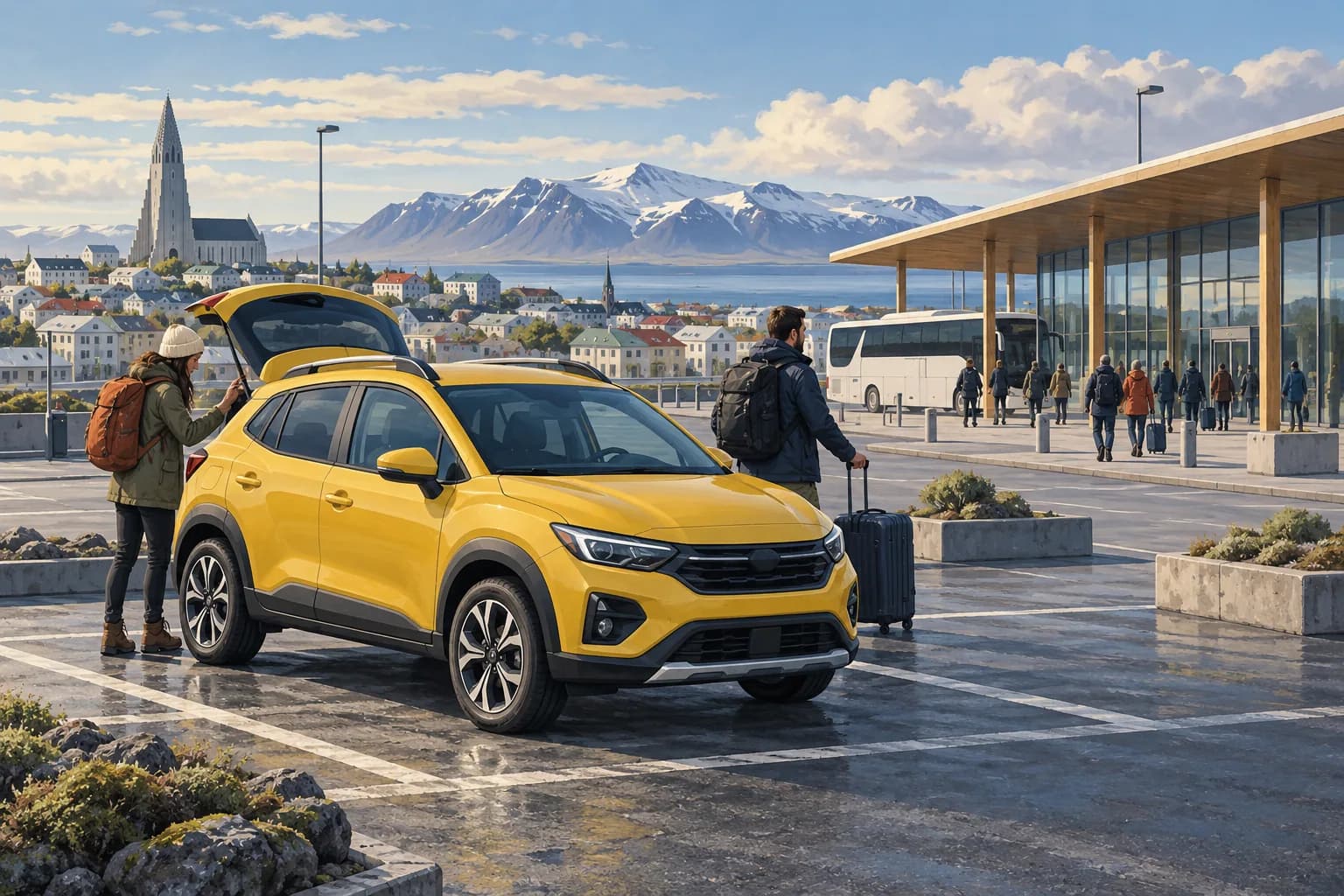 Reykjavík bus terminal illustration showing a yellow rental SUV beside a modern bus station, luggage and distant coaches under a pale northern sky.