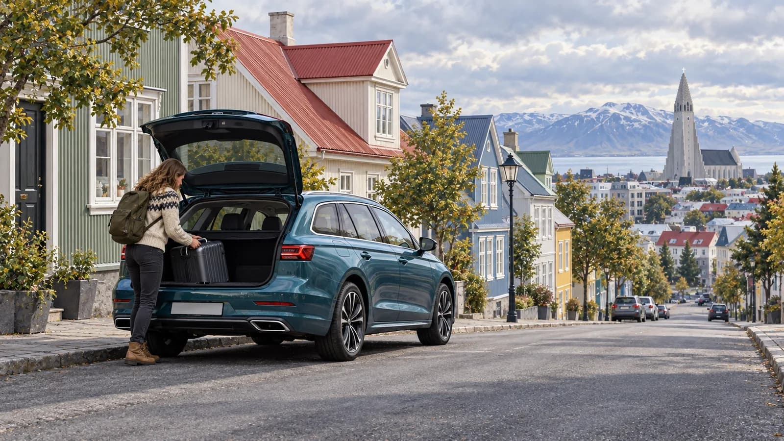 Reykjavik car hire illustration showing a traveller loading a suitcase into a teal estate car on a residential street beside colourful metal-roof houses.