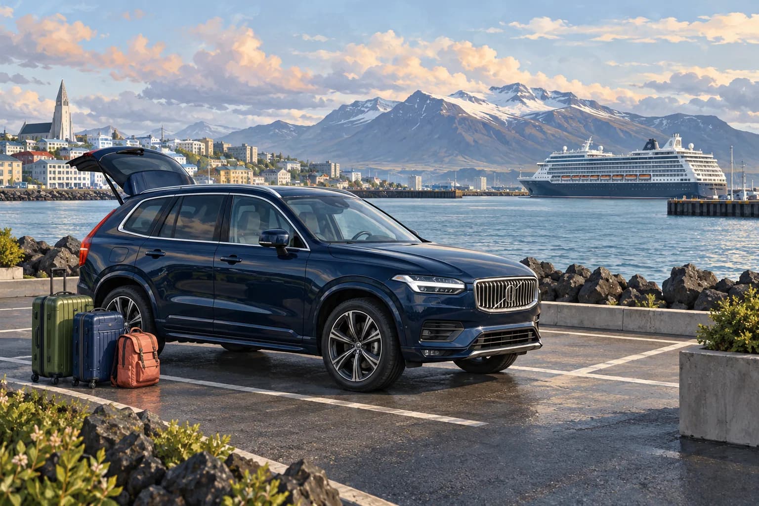Reykjavík cruise arrival illustration showing a navy rental SUV and luggage in a separate paved parking area beside a harbour, ship and mountains.