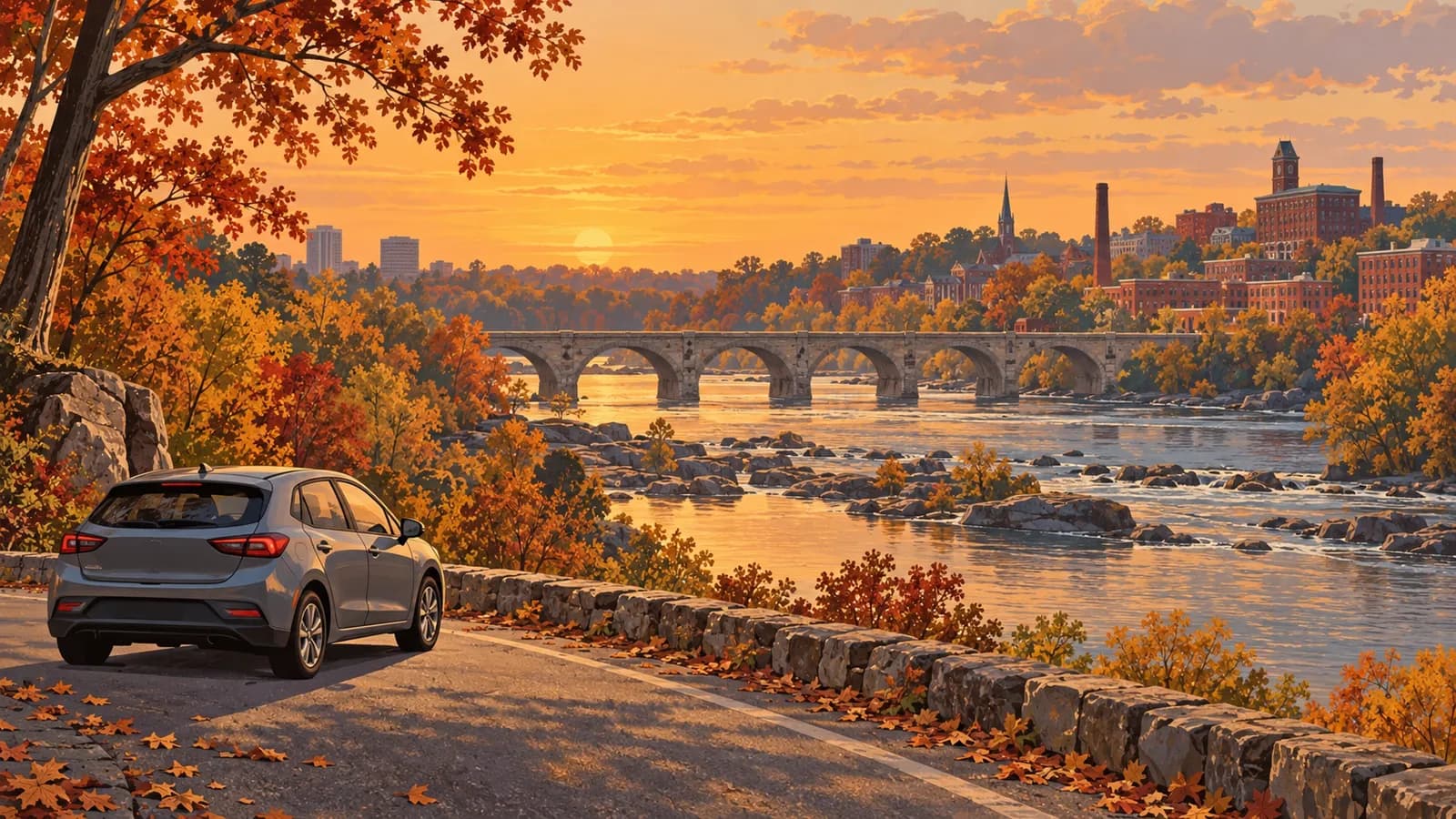 Richmond Virginia car rental illustration showing an unbranded car by the James River and tree-lined banks.