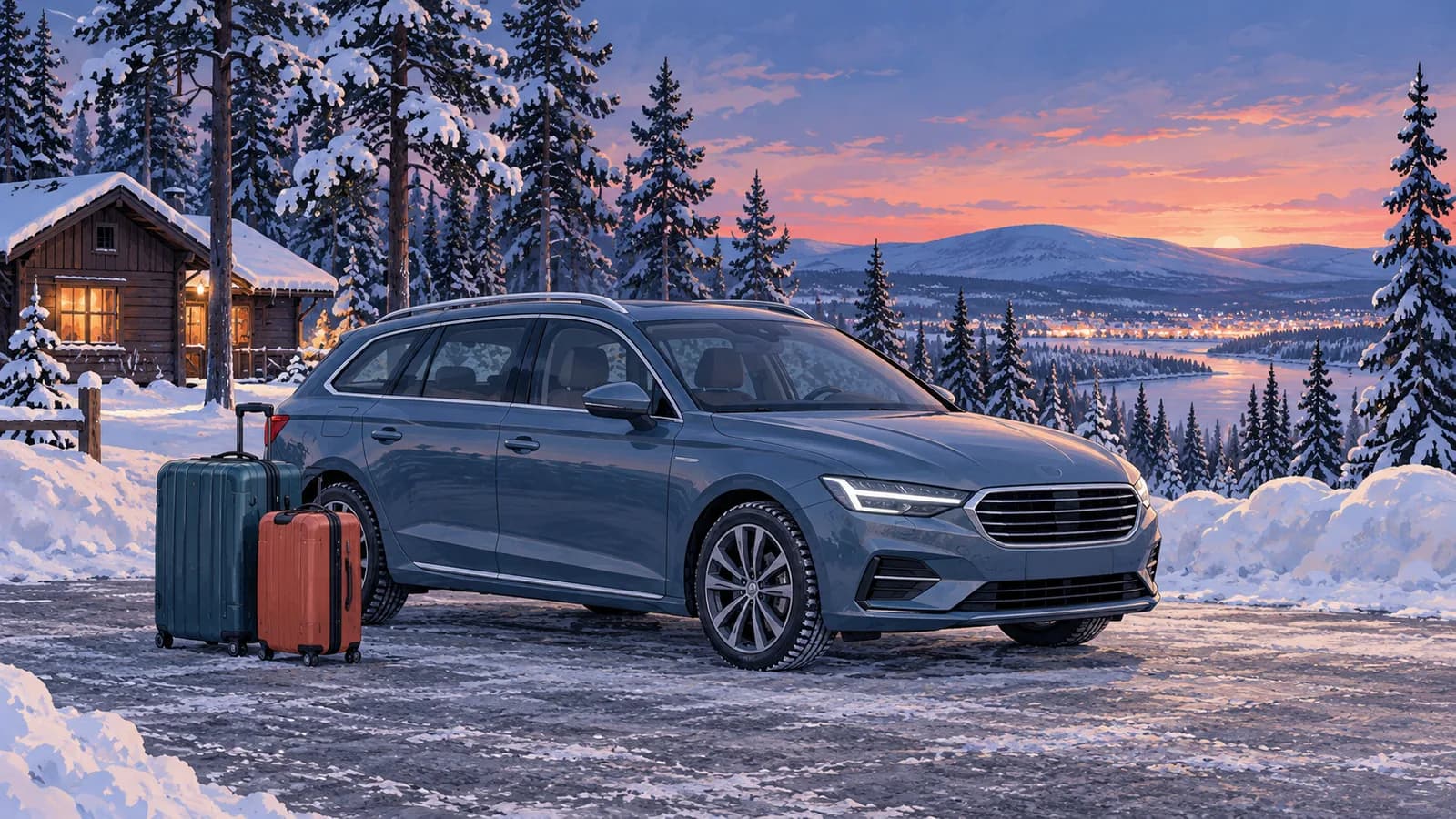 Conceptual Rovaniemi winter travel illustration of a blue estate car and suitcases on cleared pavement beside snowy pines and cabins.