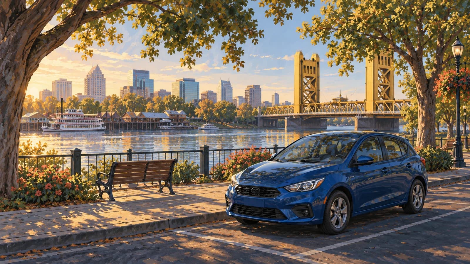 Sacramento travel illustration showing a blue rental hatchback parked under shade trees beside the river and golden Tower Bridge.