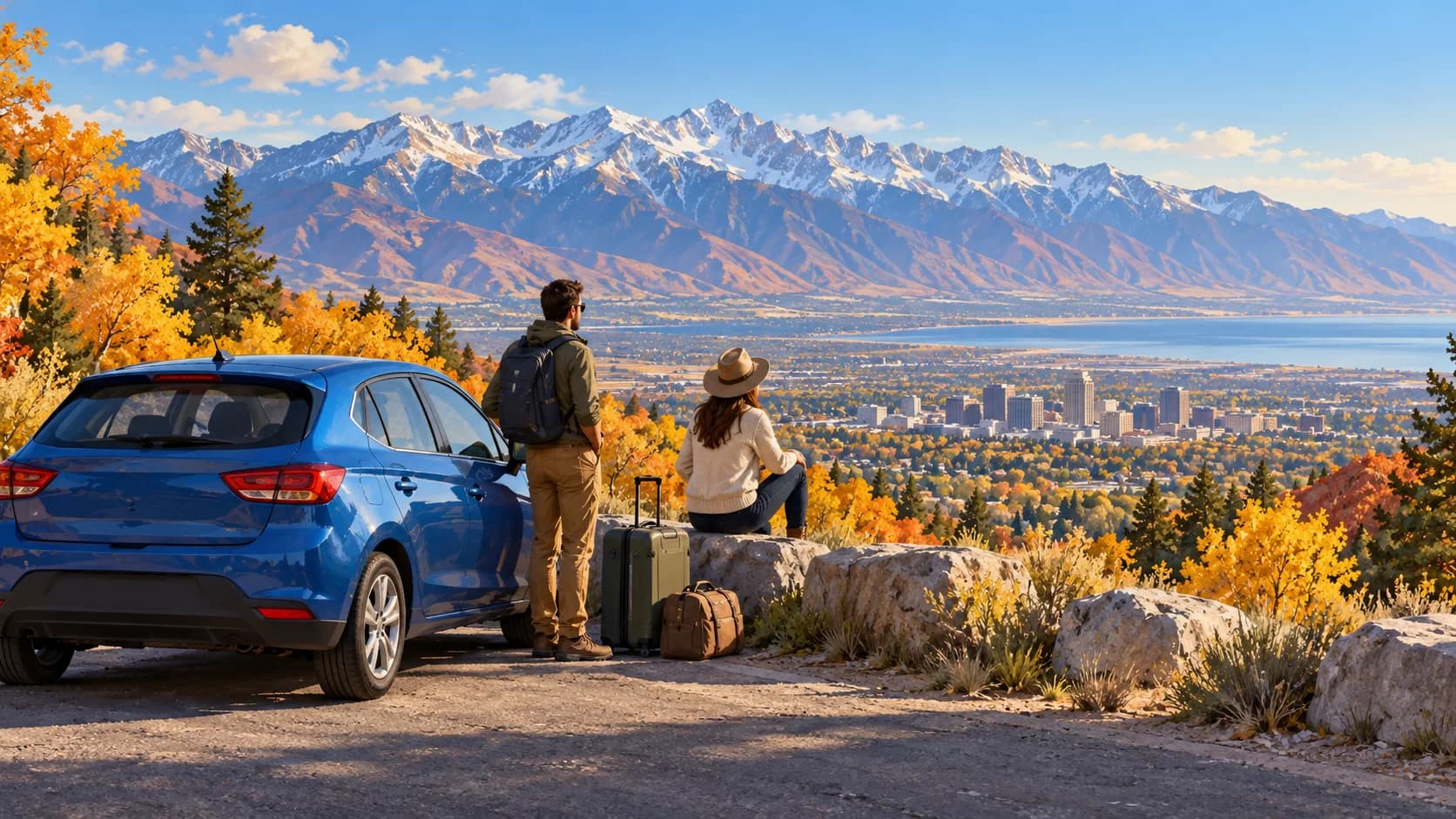 Salt Lake City airport car rental illustration showing a blue car, travelers and autumn trees above the city with mountains beyond.