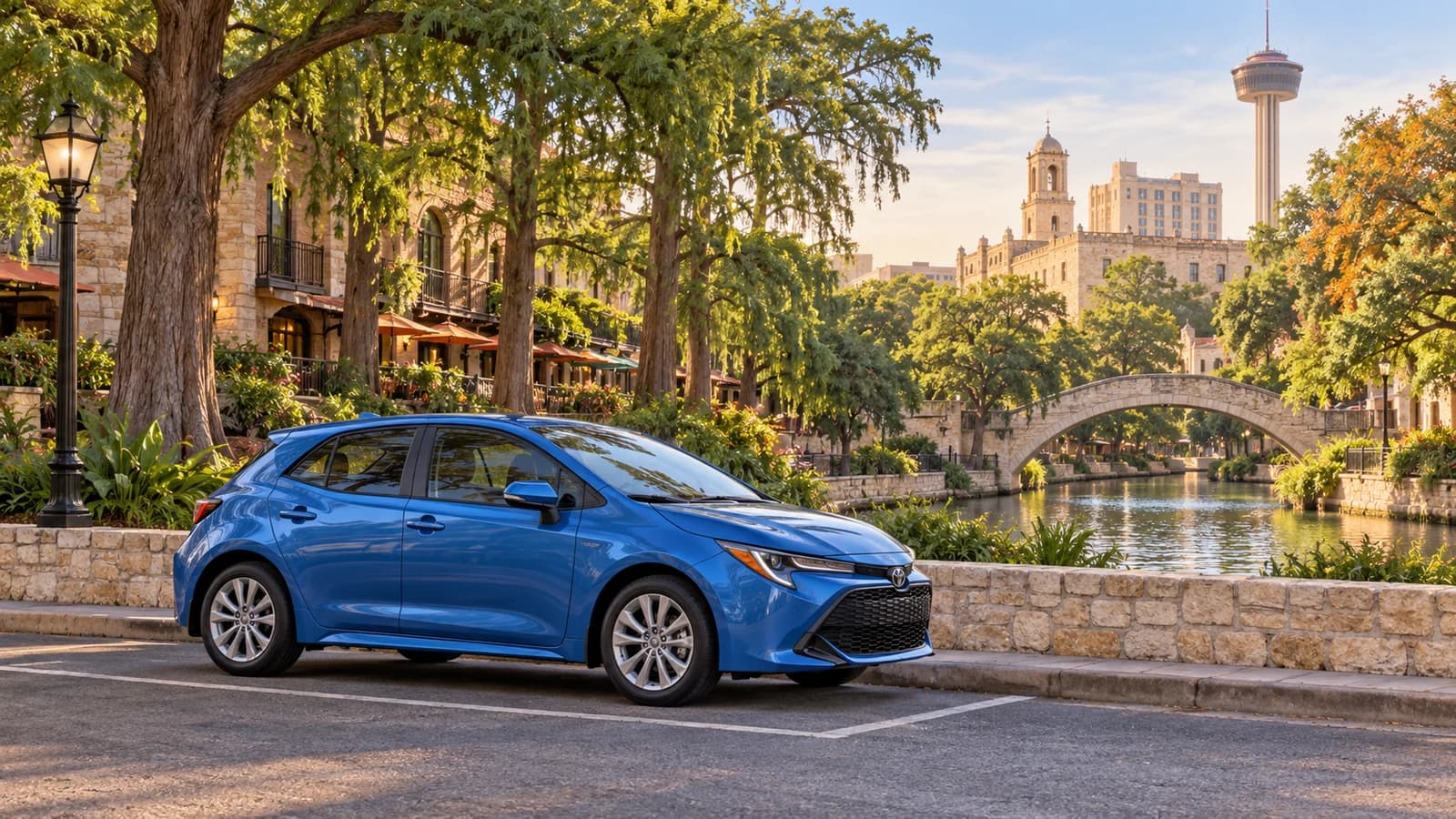 San Antonio travel illustration showing a blue rental hatchback in a paved parking bay beside the River Walk, cypress trees and a stone bridge.