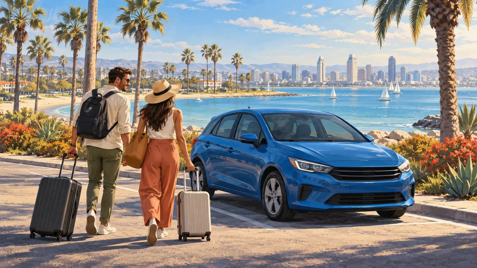 San Diego airport car rental illustration showing a blue car, two travelers, palms and a sunny bay with a distant skyline.