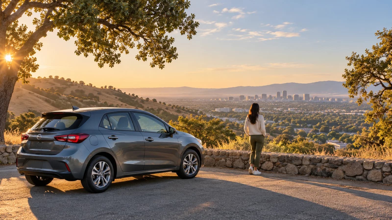 Illustration of an unbranded rental car at a South Bay hills overlook near San José, California.