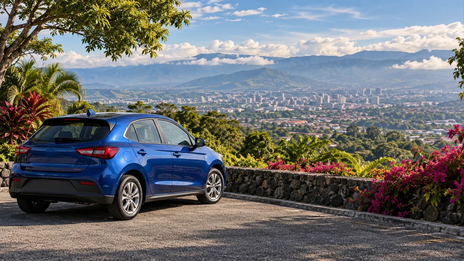Costa Rica Central Valley travel illustration with a blue car at a paved viewpoint above San José and green hills.