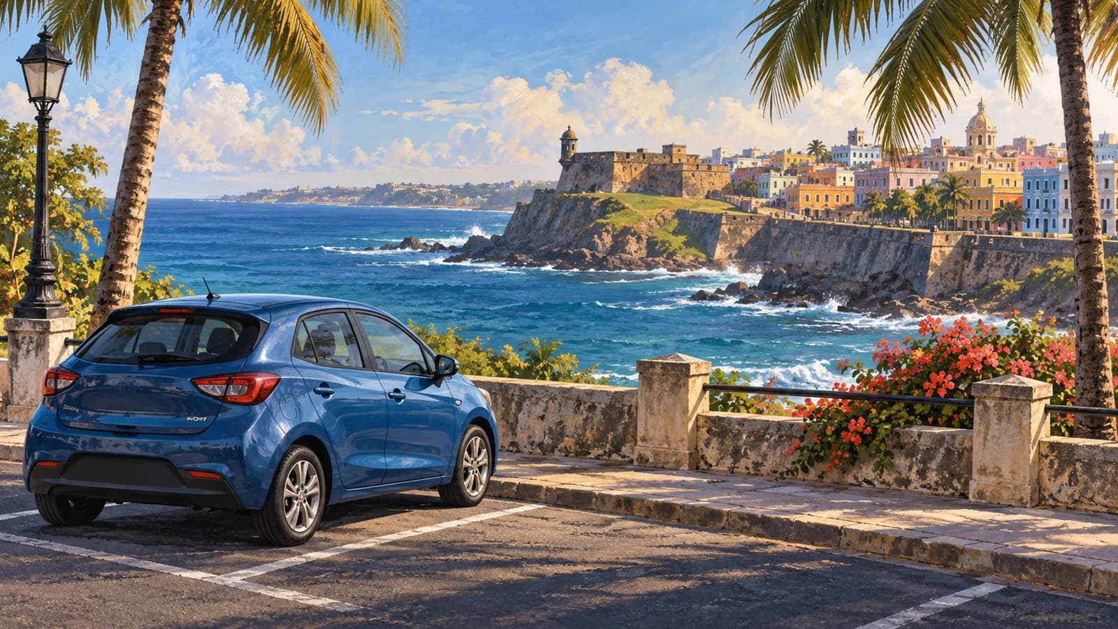 San Juan Puerto Rico travel illustration showing a blue rental hatchback parked by an Atlantic coast lookout with colourful historic buildings beyond.