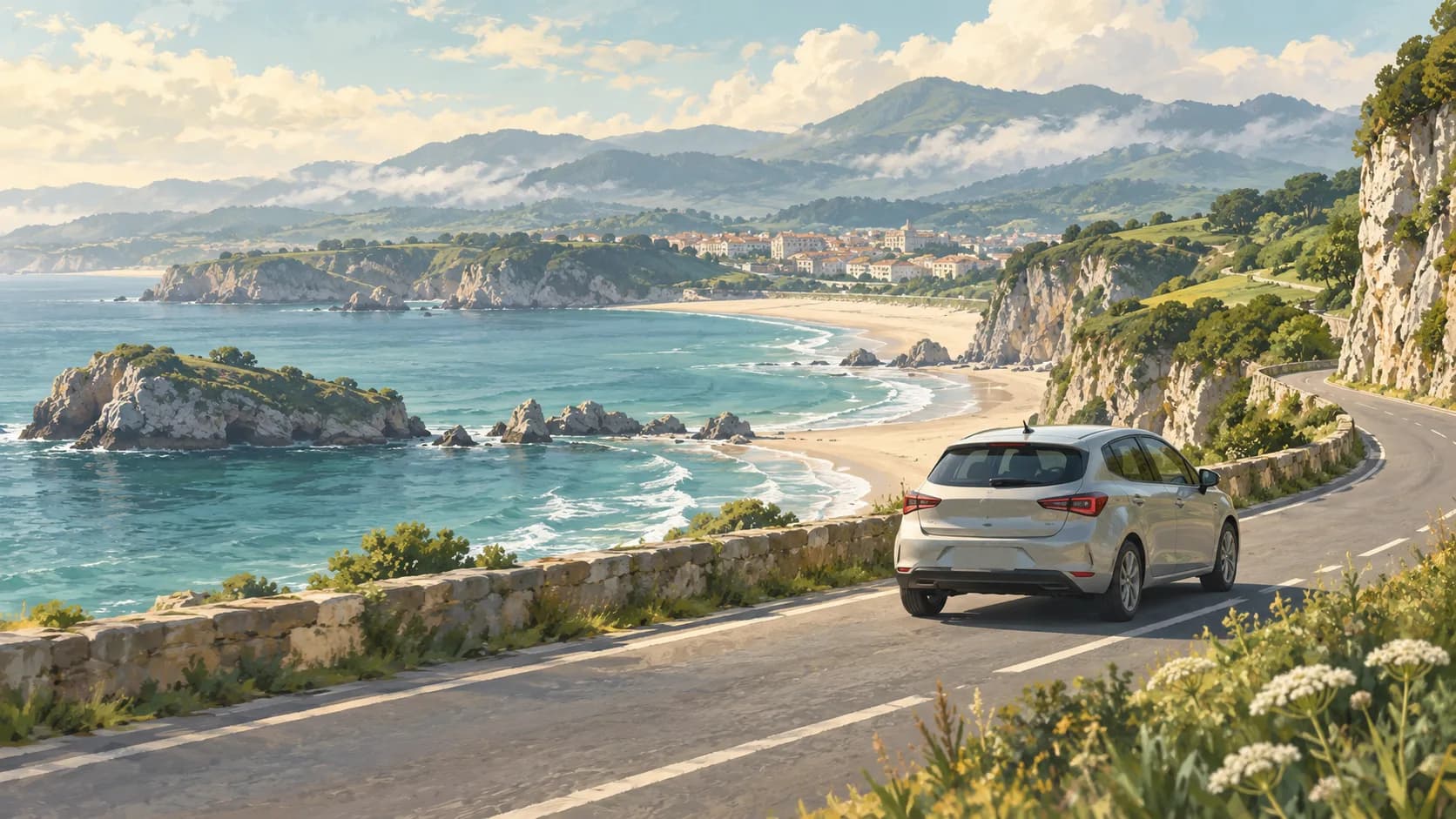 Car hire illustration showing compact car on a coastal road by Santander Bay and green Cantabrian hills.