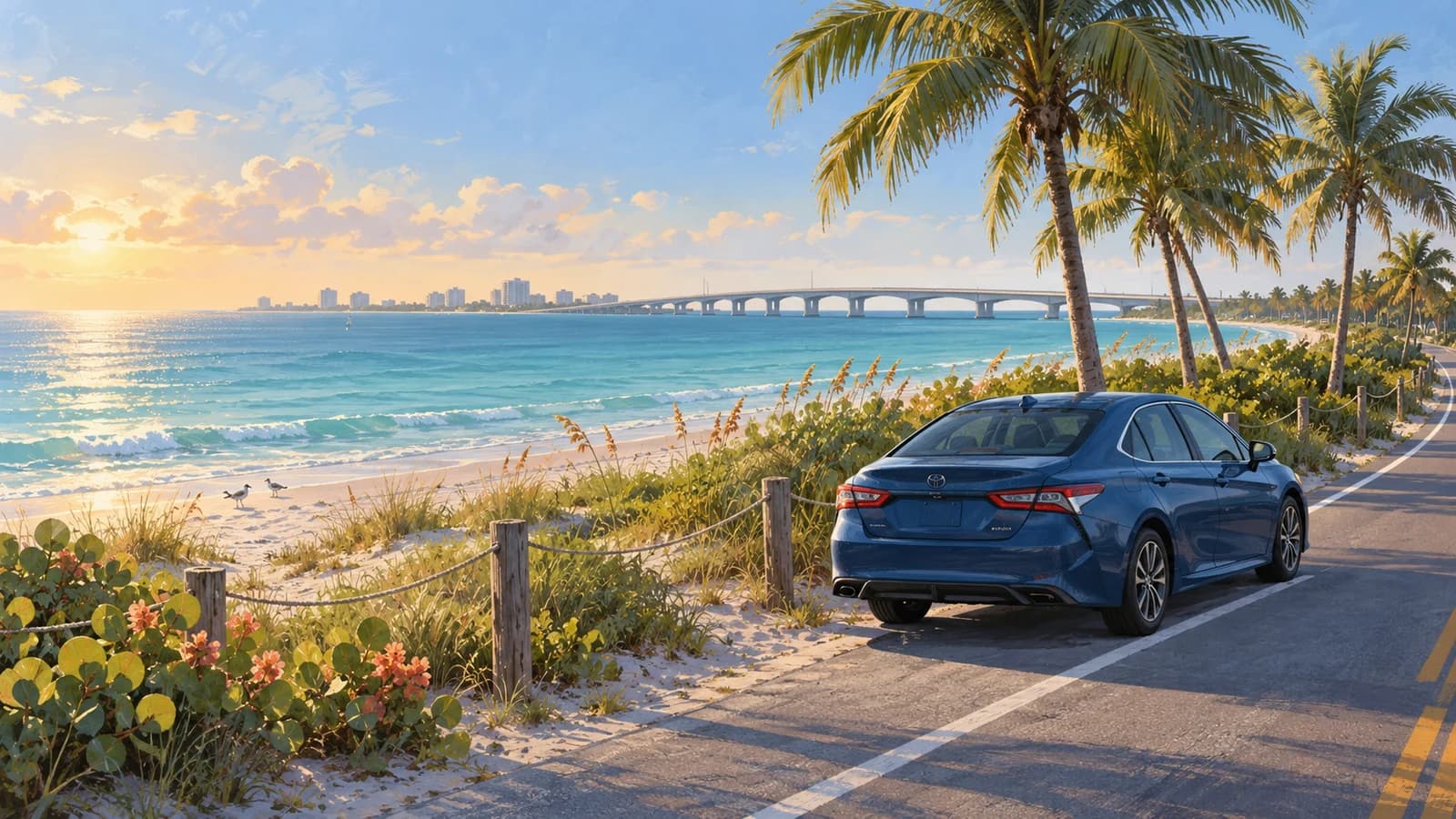 Sarasota Bradenton travel illustration showing a blue rental sedan in a paved coastal parking bay beside palms, Gulf beaches and a distant bridge.
