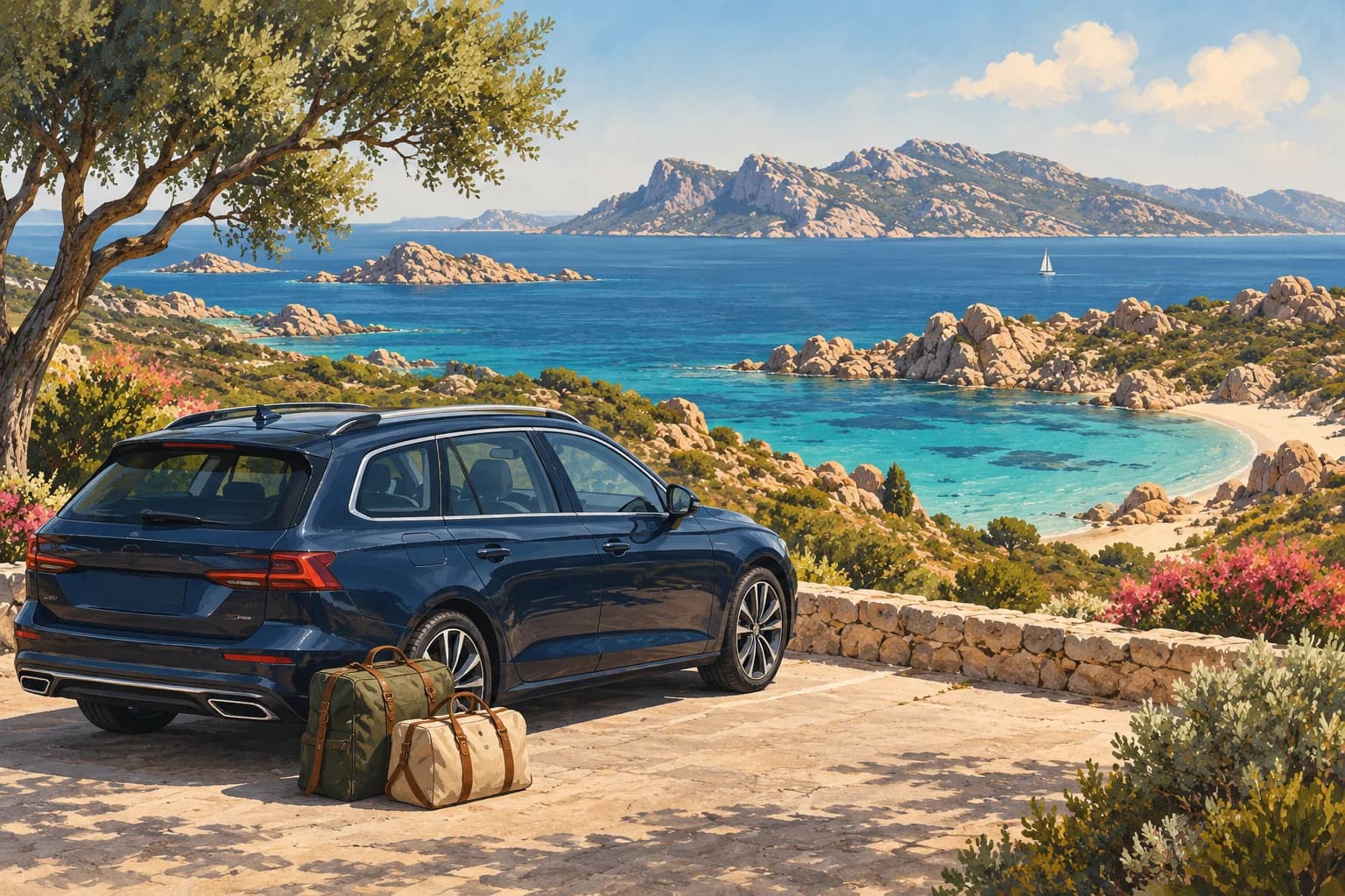 Sardinia road trip illustration showing a navy estate car and luggage at a paved granite coastal lookout above turquoise water.