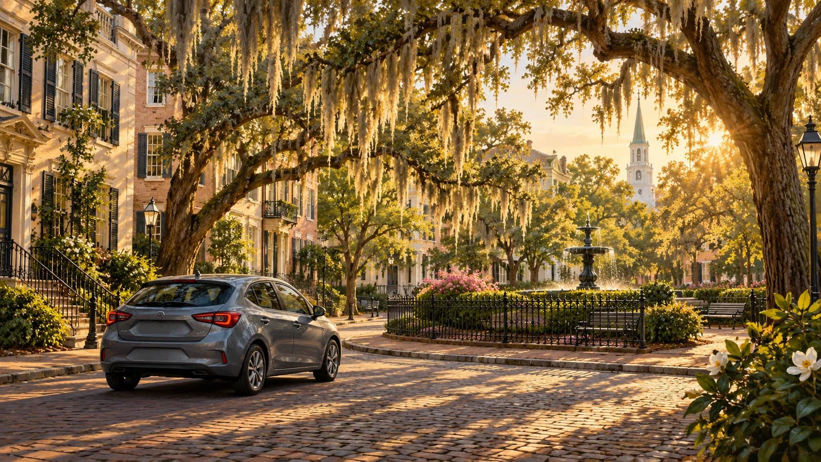 Savannah car rental illustration showing an unbranded car beneath live oaks and Spanish moss near a historic square.