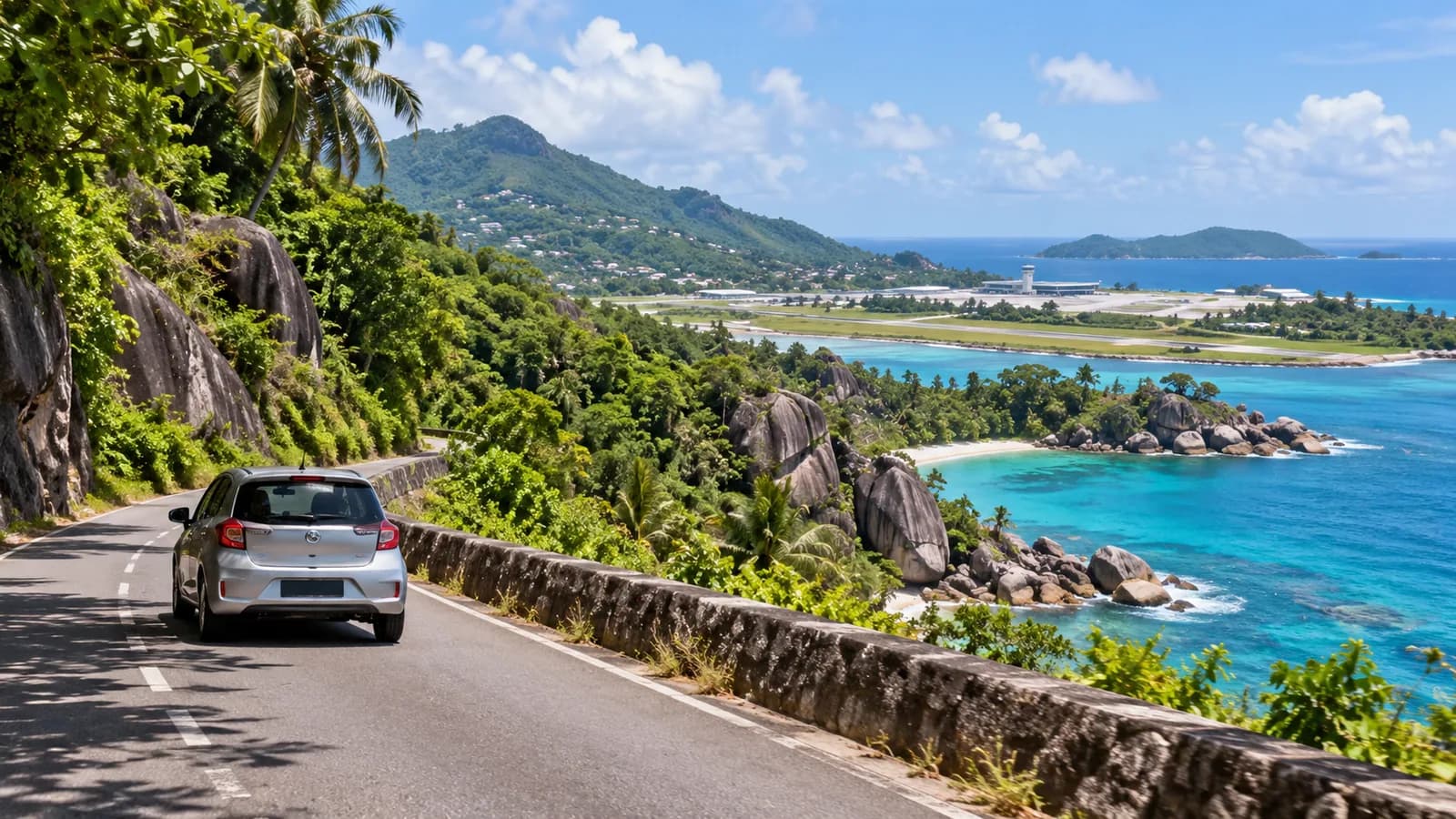 Seychelles Airport car hire illustration showing an unbranded car on a lush Mahé coastal road.