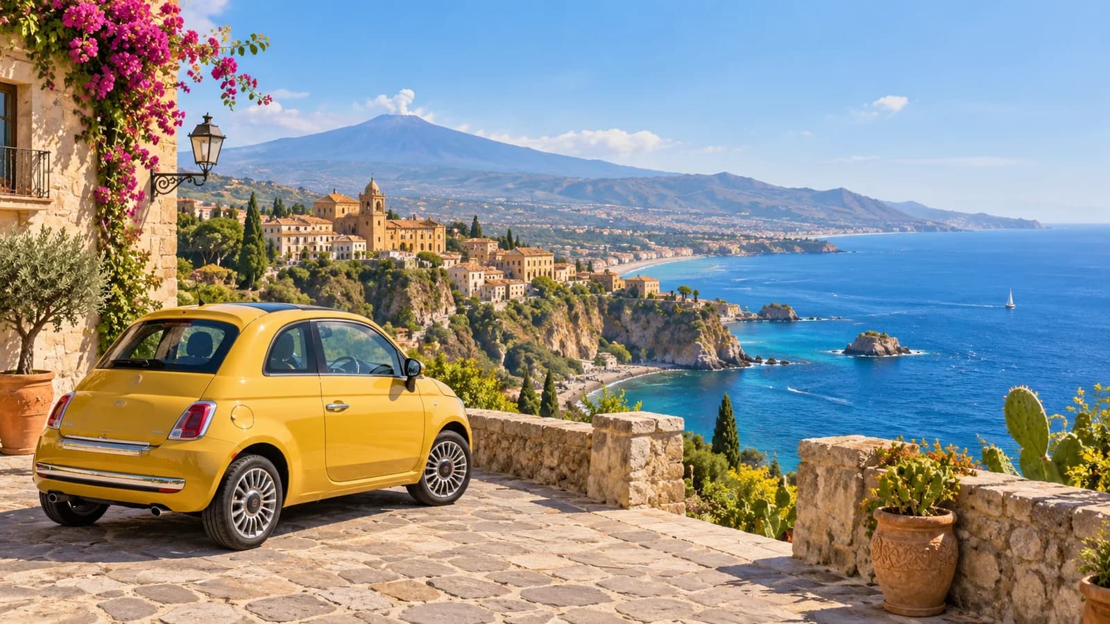 Illustration of a yellow compact hire car above a Sicilian coastal road with sea and inland hills
