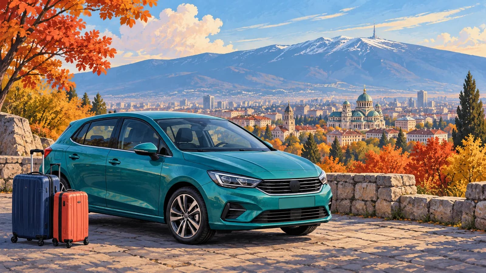 Conceptual Sofia travel illustration of a teal hatchback and suitcases at a paved viewpoint, with city domes and Vitosha mountain behind.