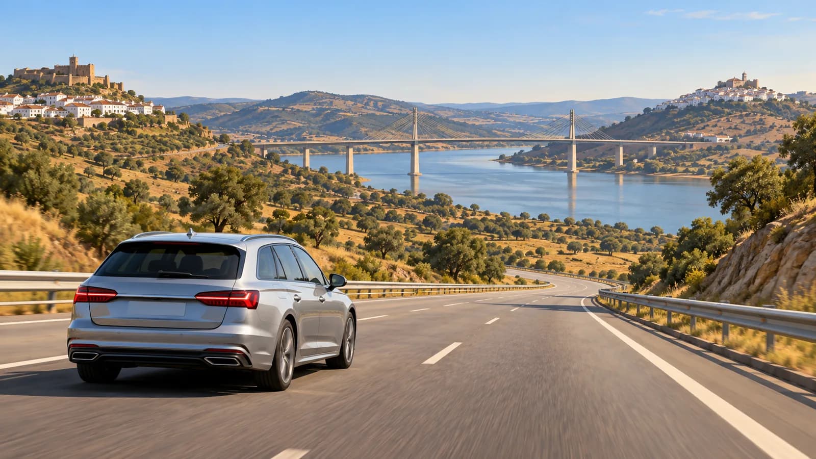 Illustration of a silver touring hire car on a sunny Spain and Portugal border-region motorway approaching a river bridge