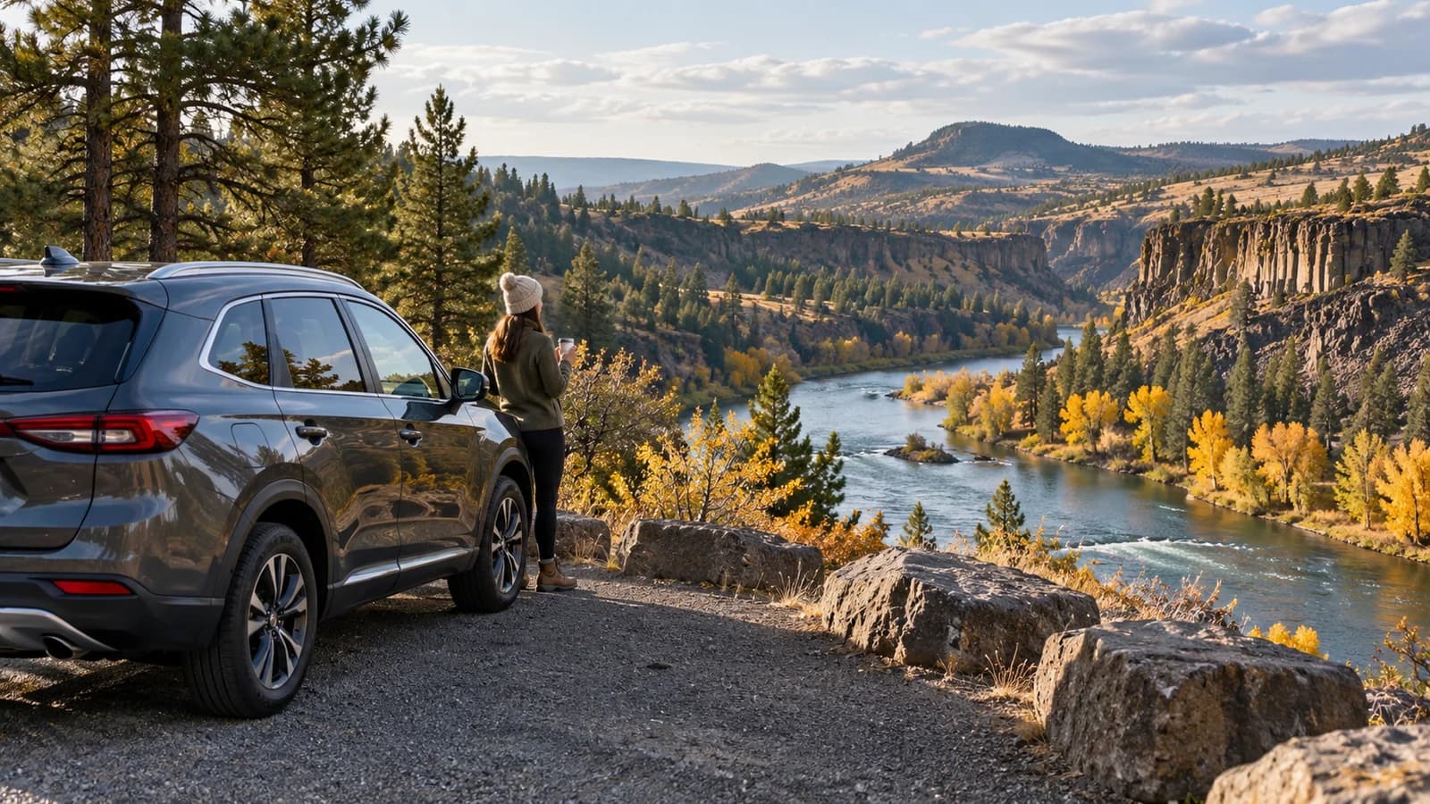 Illustration of an unbranded rental car beside a river and pine landscape near Spokane.