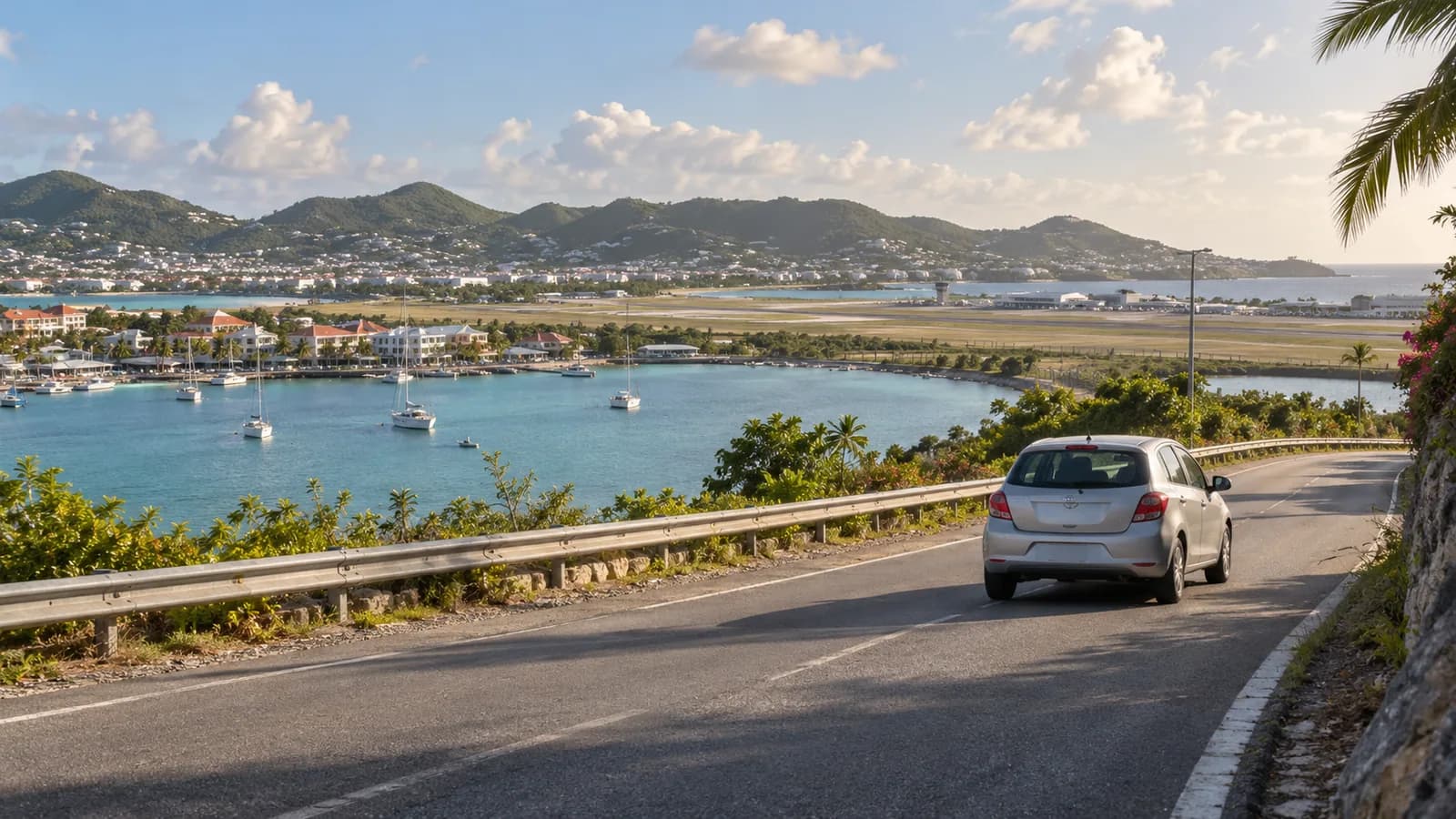 Sint Maarten Airport car rental illustration of an unbranded car near Simpson Bay.