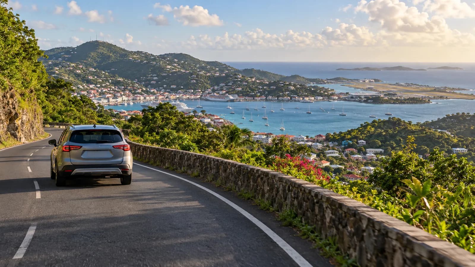 St Thomas Airport car rental illustration showing an unbranded SUV on an island road above Charlotte Amalie.