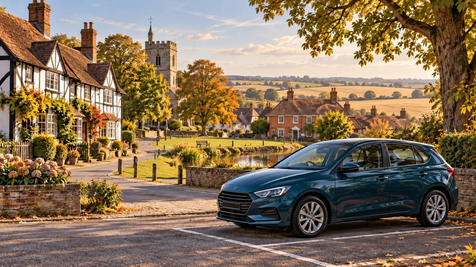 Stansted travel illustration showing a teal rental hatchback parked in an Essex village beside timber-framed cottages and autumn farmland.