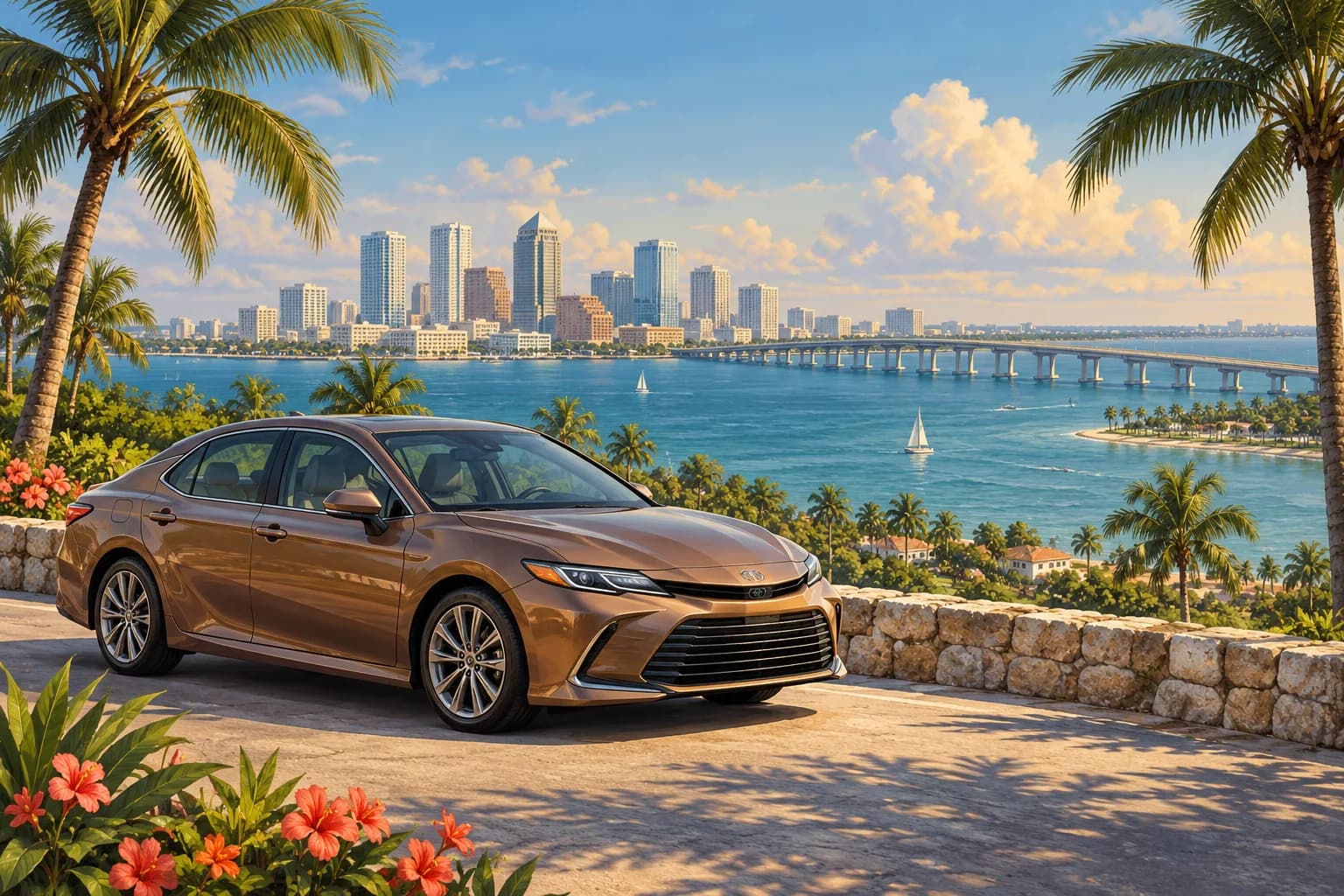 Tampa travel illustration showing a bronze rental car and traveller beside a paved parking area with a bay bridge and city skyline beyond.