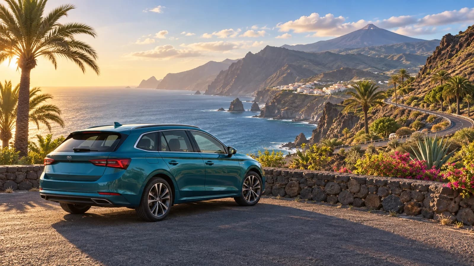 Illustration of a teal estate hire car at a Tenerife coastal lookout with Atlantic cliffs, palms and volcanic mountains