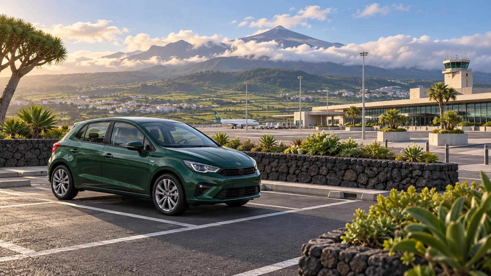Illustration of a green compact car in conceptual Tenerife North airport parking with a cloudy volcanic mountain backdrop