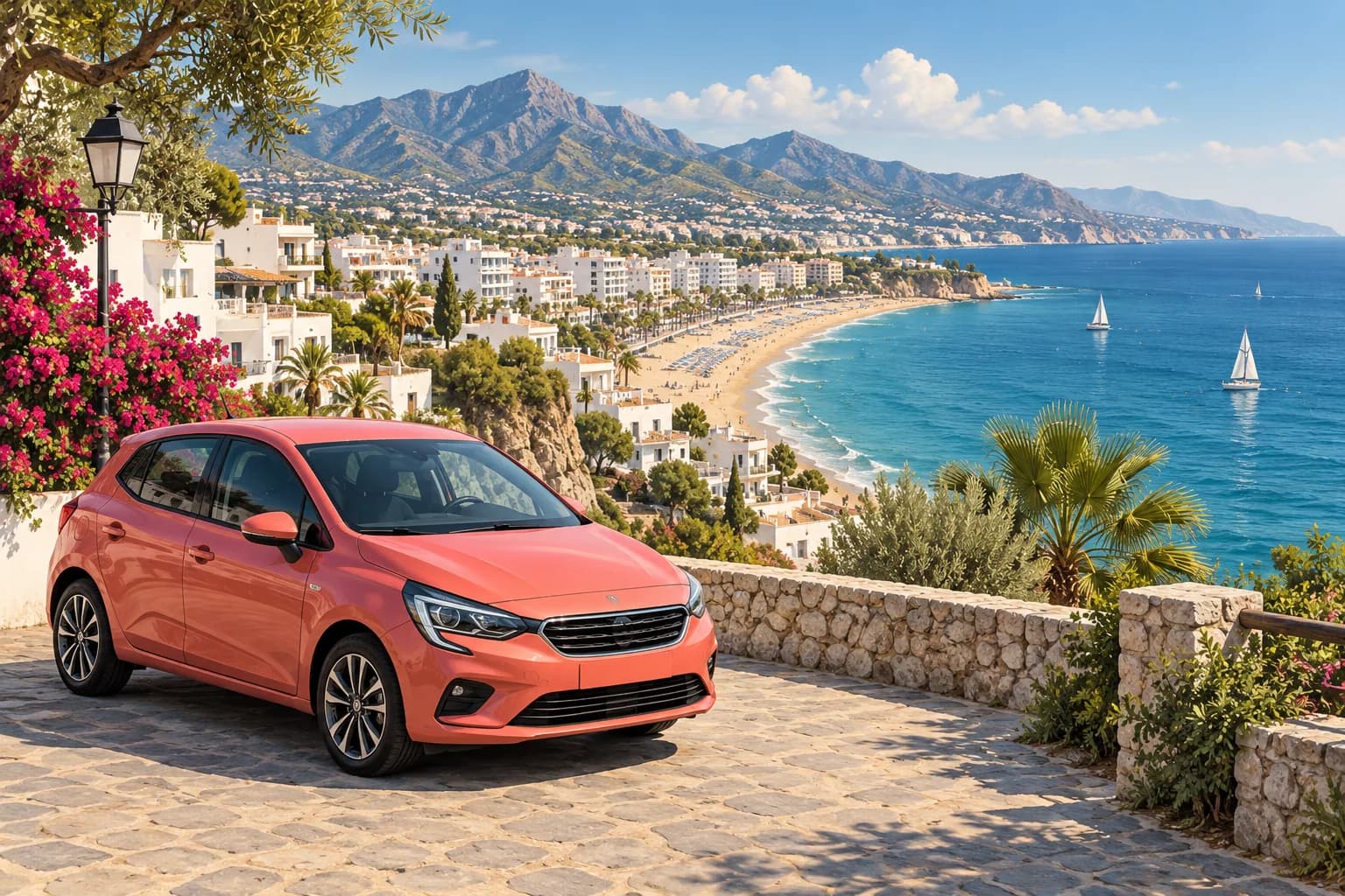Torremolinos car hire illustration showing a coral compact rental car parked above a long Mediterranean beach, resort buildings and Spanish coastal mountains.