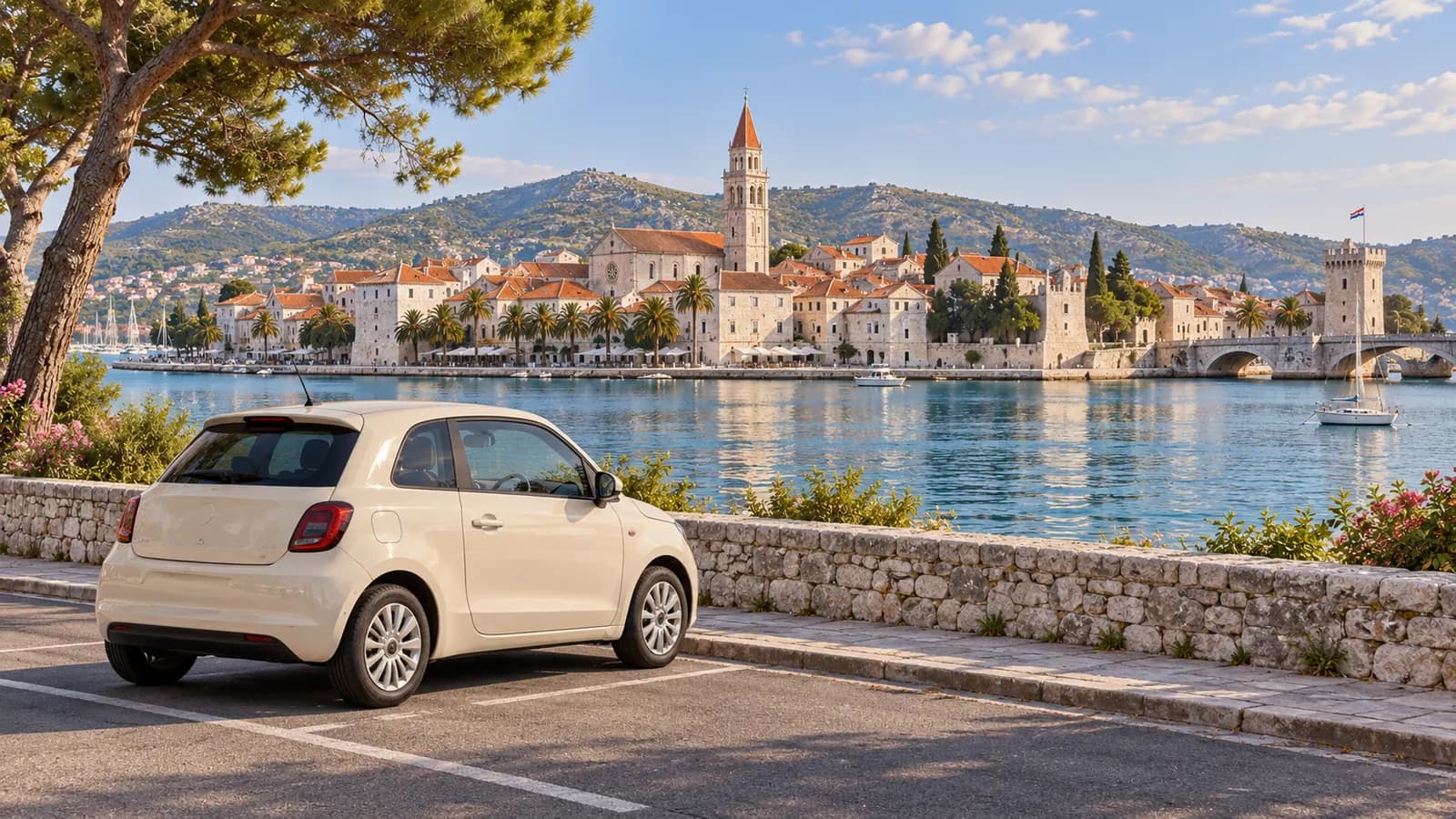 Conceptual Trogir travel illustration showing a cream compact car beside a paved waterfront parking area, across the water from the stone old town and bell tower.