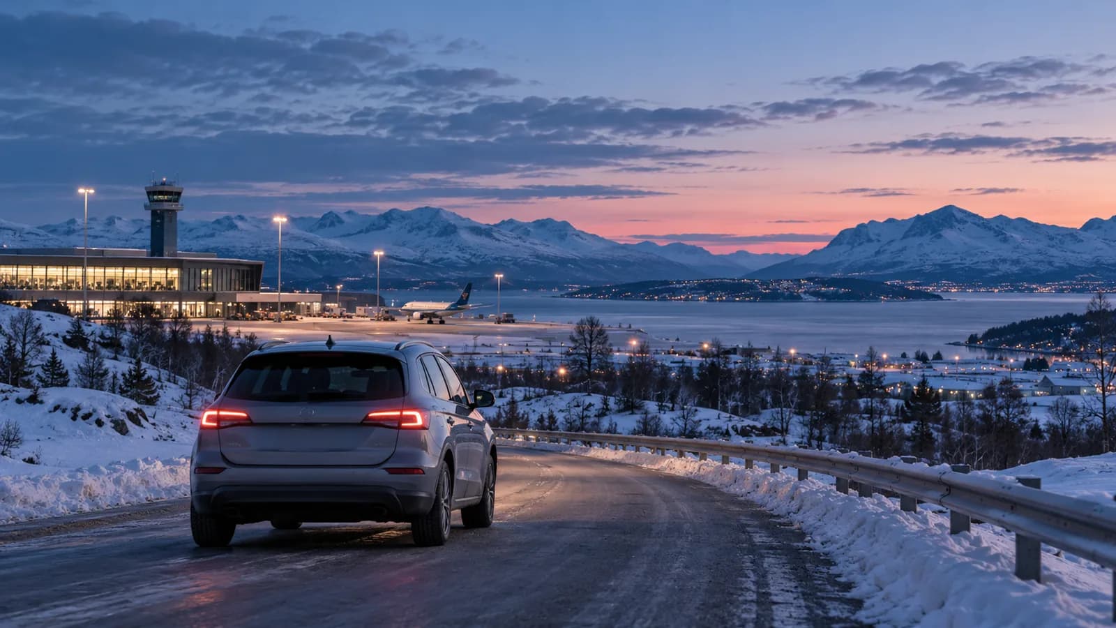 Conceptual Tromsø Airport travel illustration showing a silver car on a paved snowy road, with fjord and mountains beyond.