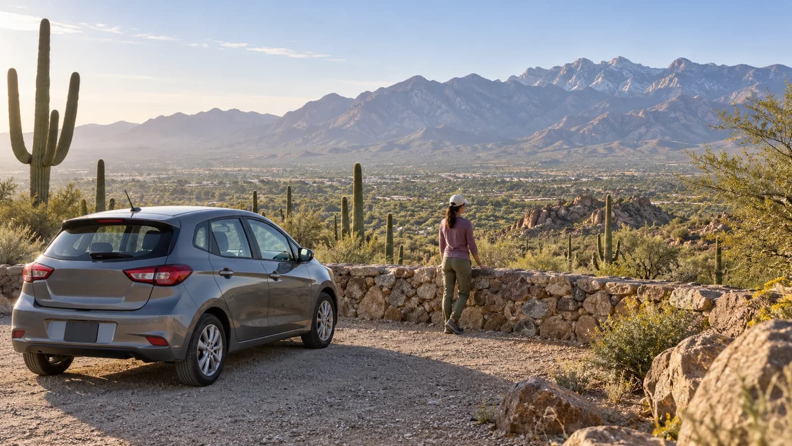 Illustration of an unbranded rental car beside saguaro cacti and Sonoran Desert mountains near Tucson.