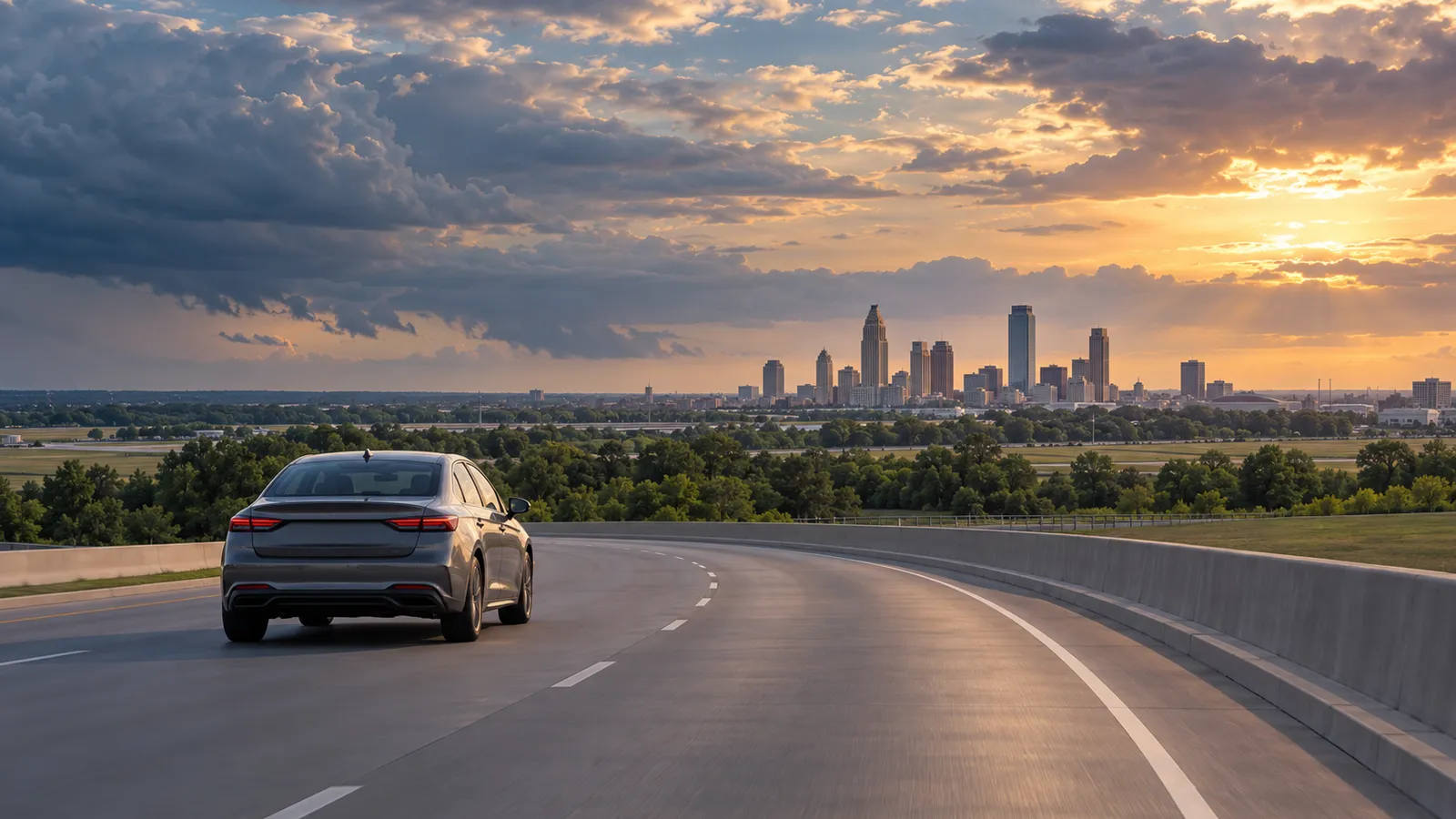 Tulsa rental car illustration with an unbranded car and a distant Art Deco skyline.