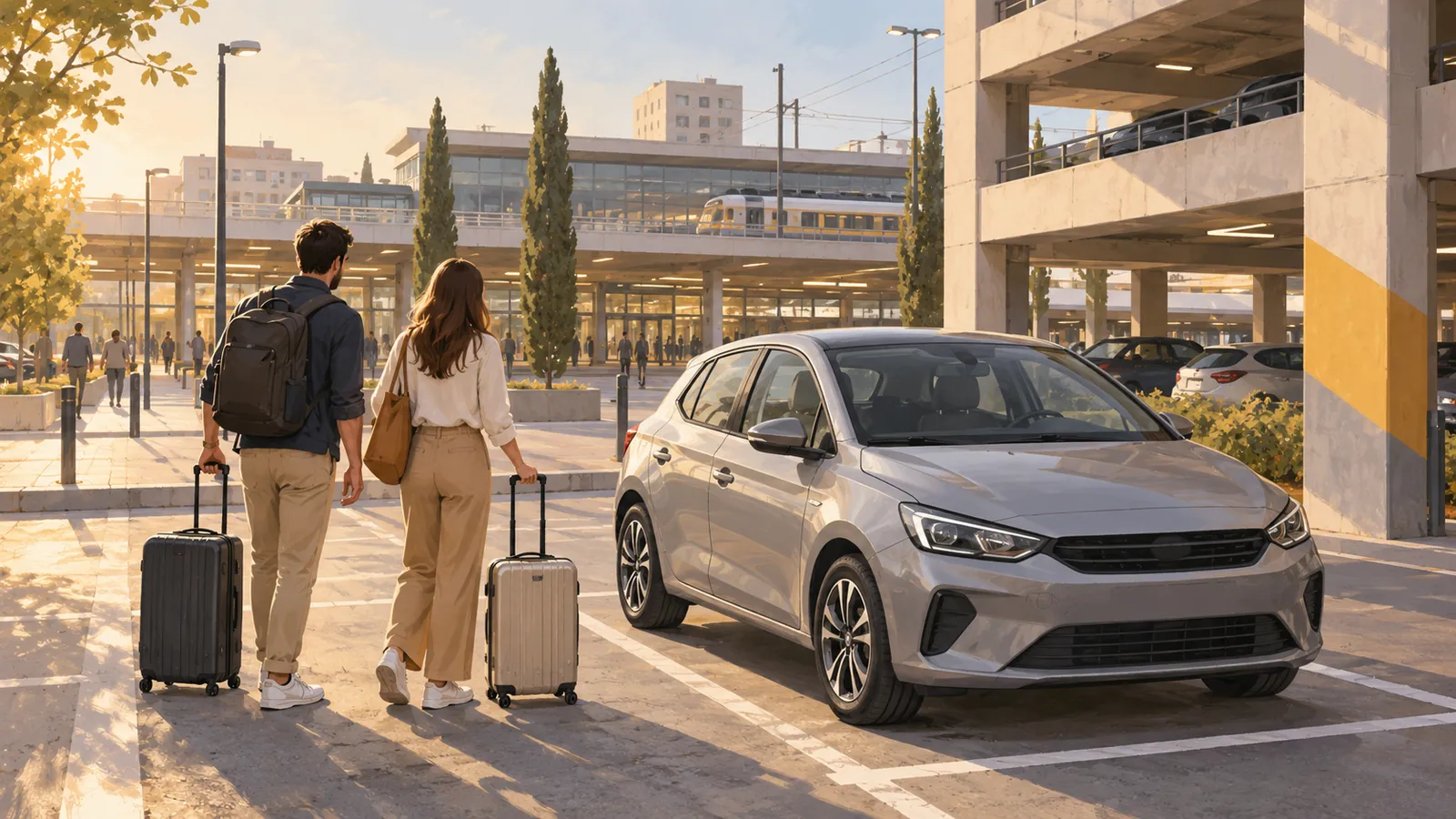 Illustration of travellers with luggage beside an unbranded car at a mainland railway station car park