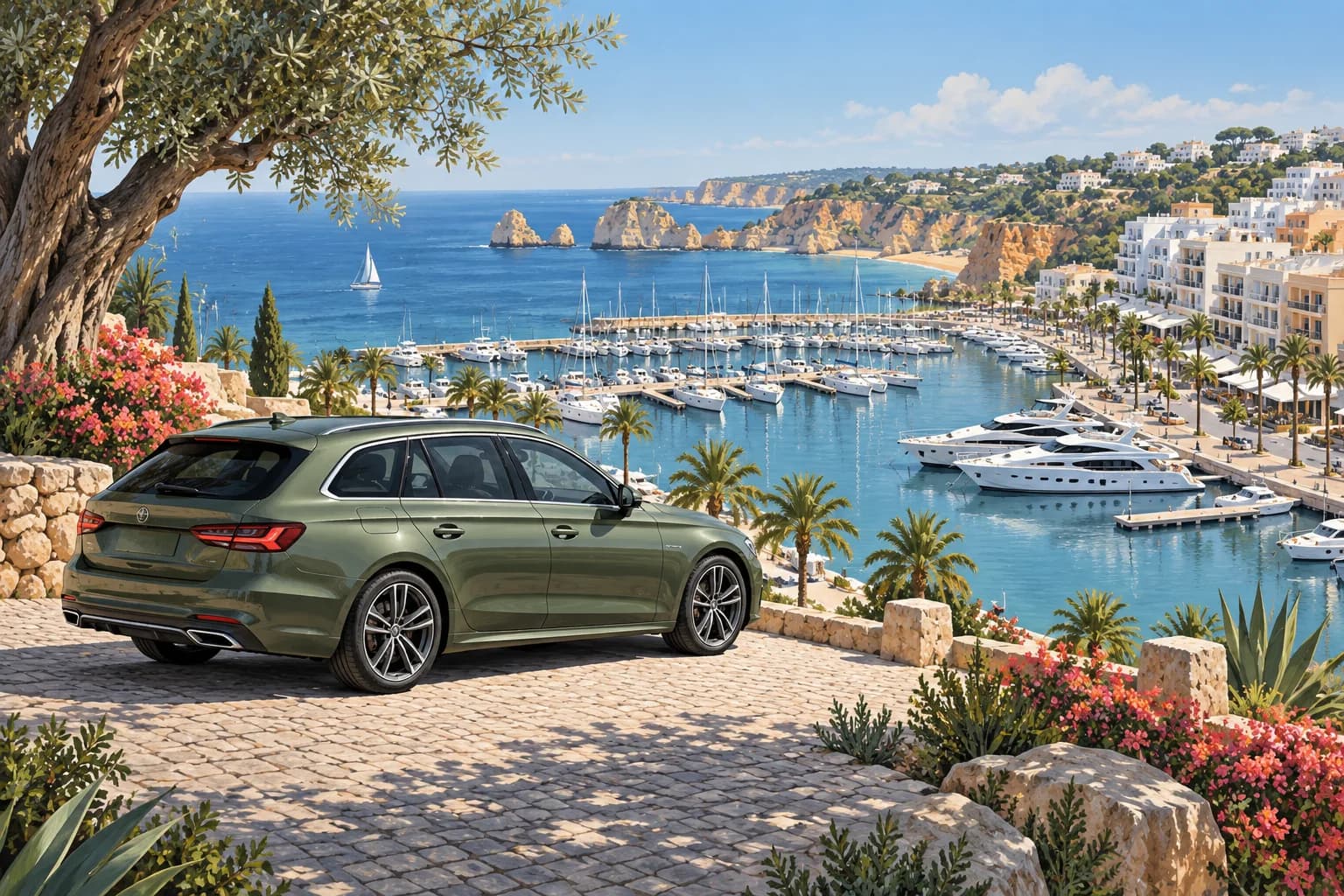 Vilamoura car hire illustration showing an olive estate rental car at a paved lookout above an Algarve marina, blue water, palms and pale resort buildings.