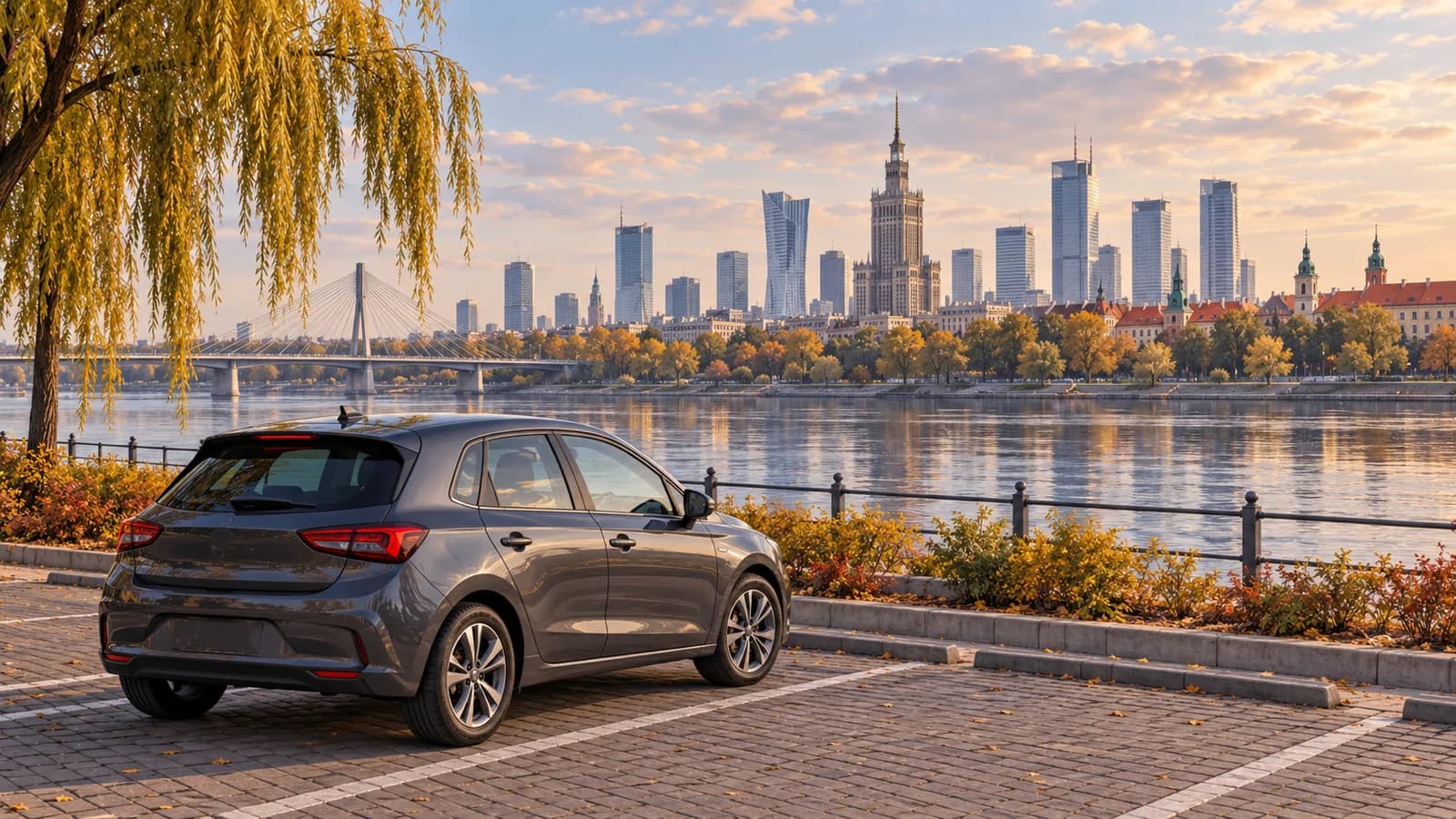 Warsaw travel illustration showing a graphite rental hatchback beside the Vistula, autumn willows and the Palace of Culture skyline.