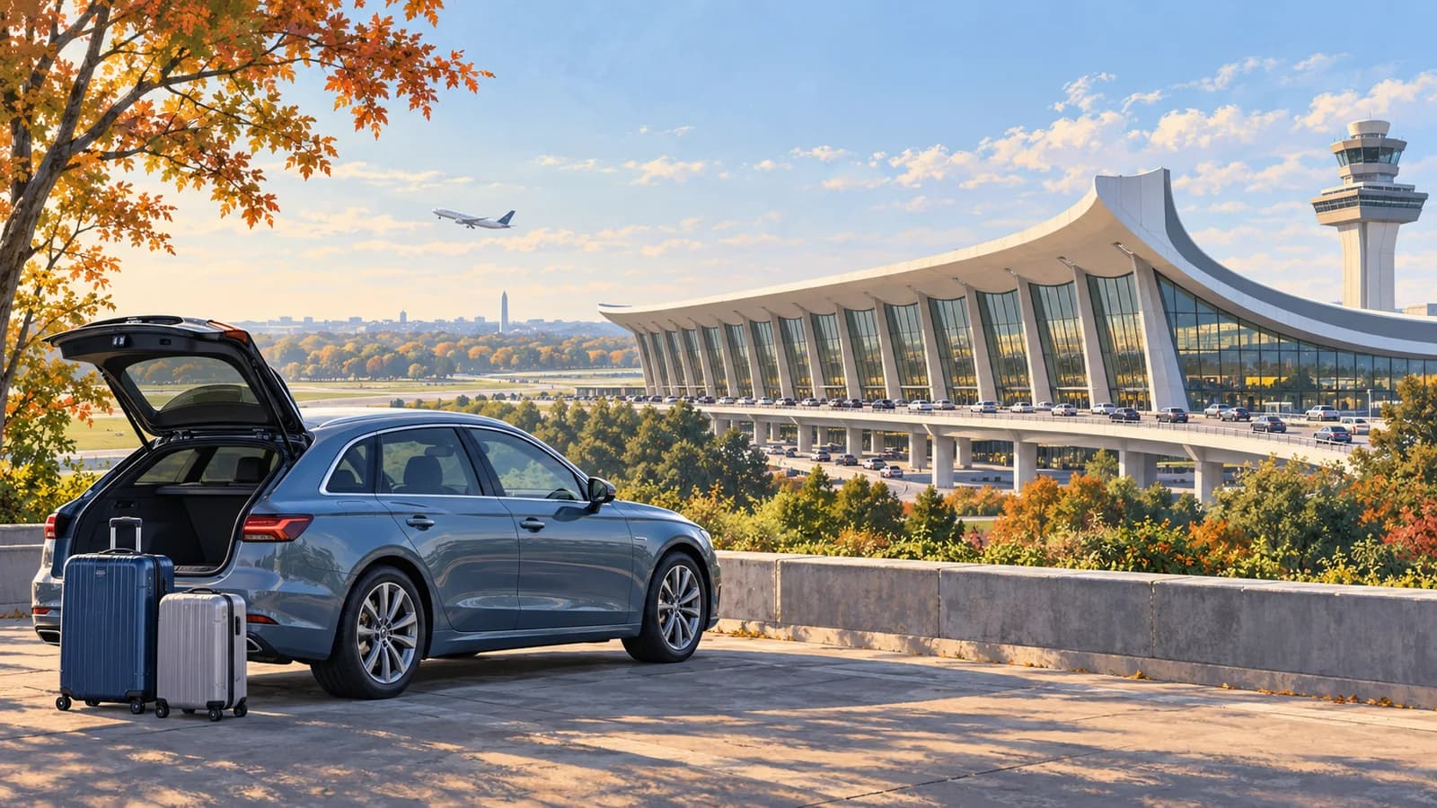 Conceptual Washington Dulles travel illustration showing a blue estate car, luggage, a sweeping airport roof and distant Washington landmarks.