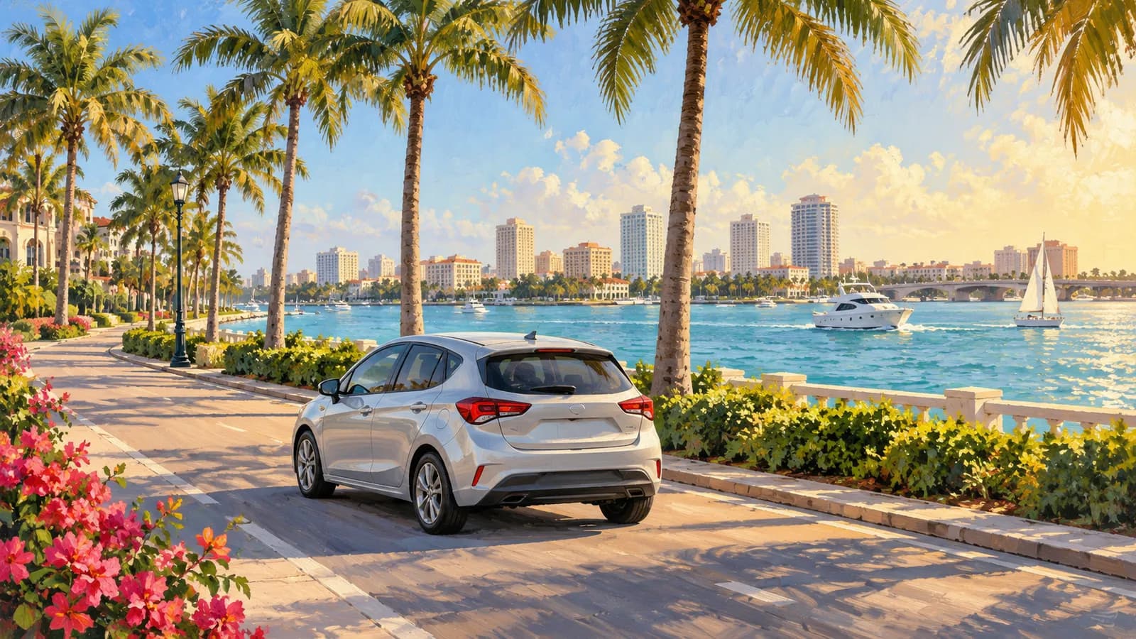 West Palm Beach car rental illustration showing an unbranded car beside palm-lined waterfront and blue Intracoastal water.
